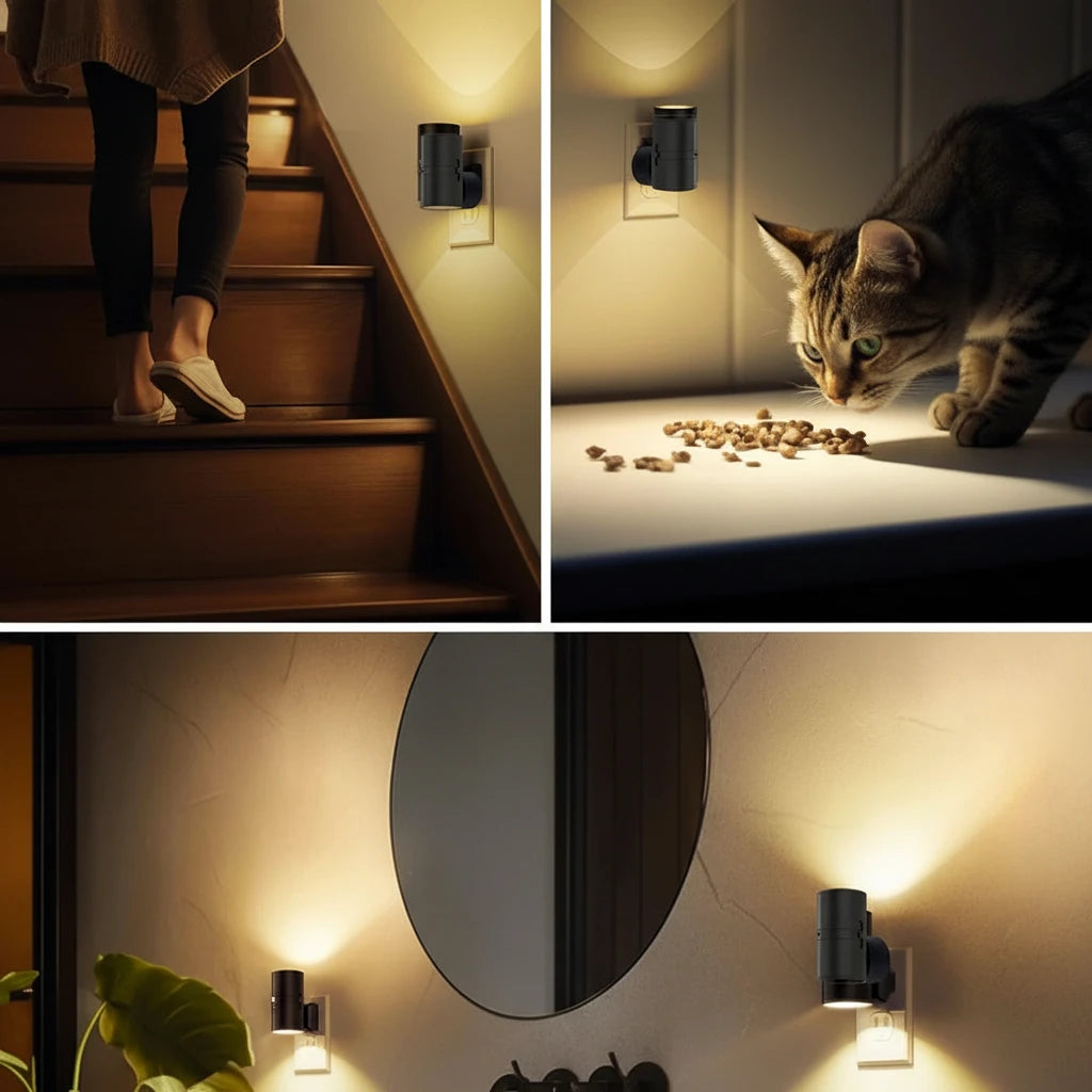 Pábilo · luz nocturna cilíndrica enchufada en pasillo de noche con luz cálida tenue